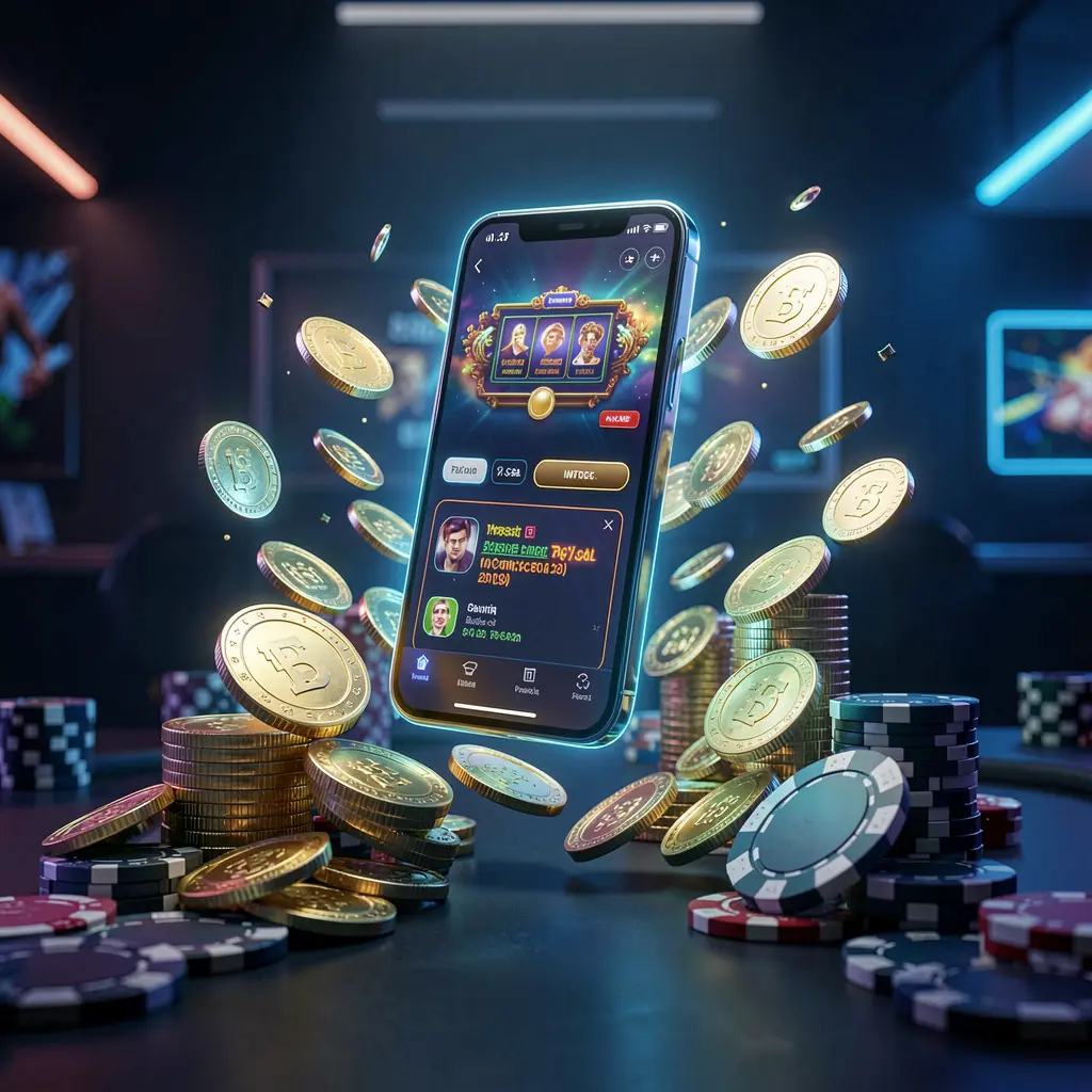 U3U3 online casino app promotion banner featuring a phone floating above golden coins and poker chips with a dark blue and black background illuminated by cinematic neon glow in a realistic 3D render