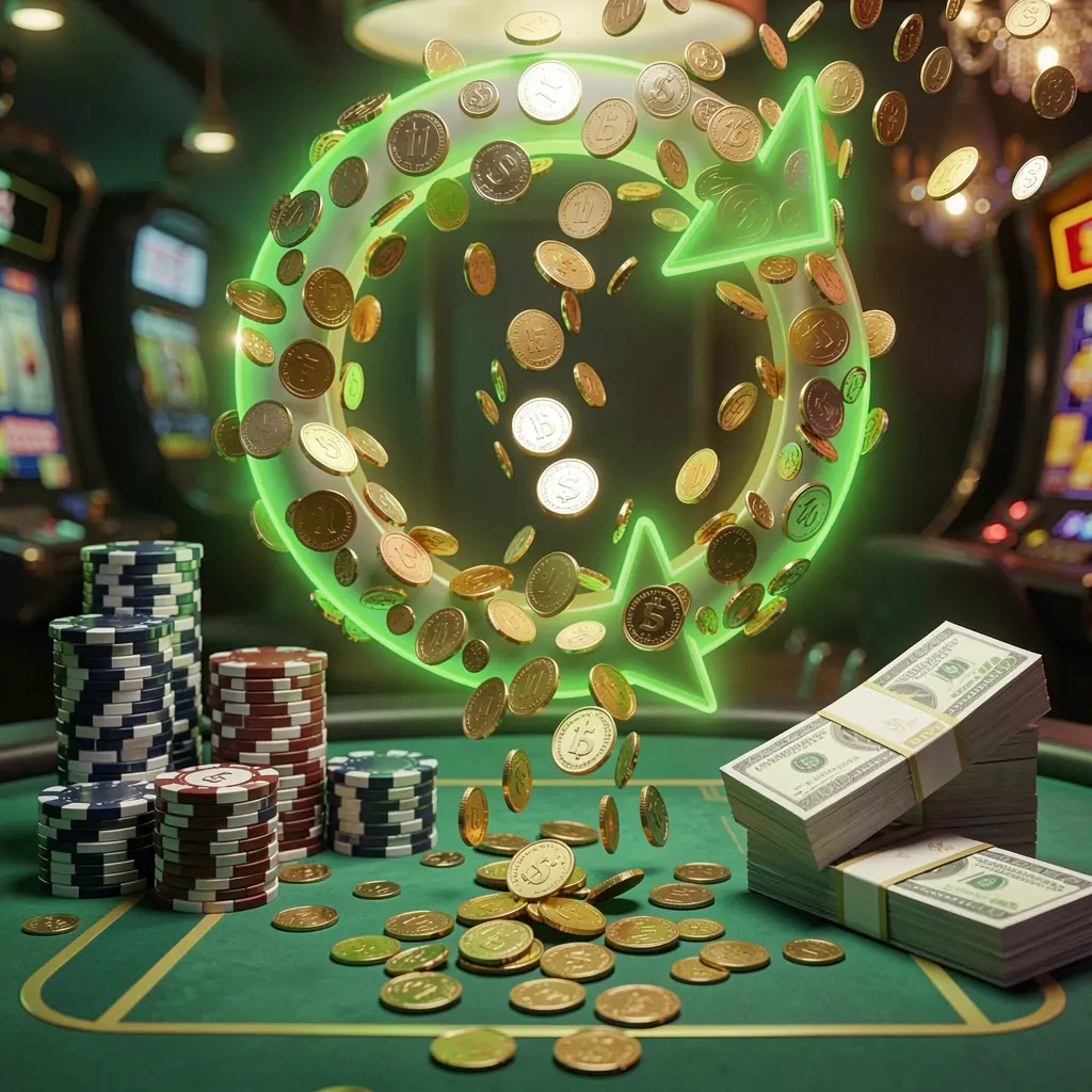 U3U3 cashback casino bonus scene featuring coins moving in a circular arrow, stacks of chips, and cash bundles with a green and gold glow in a realistic 3D render