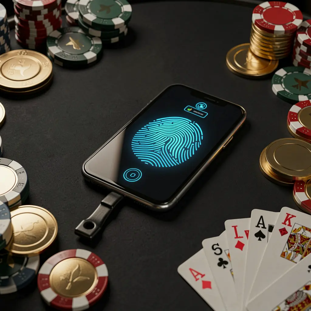 U3U3 online casino authentication concept showing a phone with glowing fingerprint scan on a premium black table surrounded by poker chips, golden coins, and playing cards in a cinematic 3D render