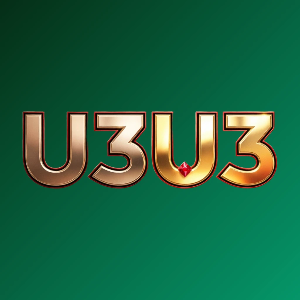 Luxury casino logo for U3U3 featuring rich gold gradient text with red and black accents, elegant lights, and a high-end entertainment style in a horizontal rectangular wordmark on a transparent background