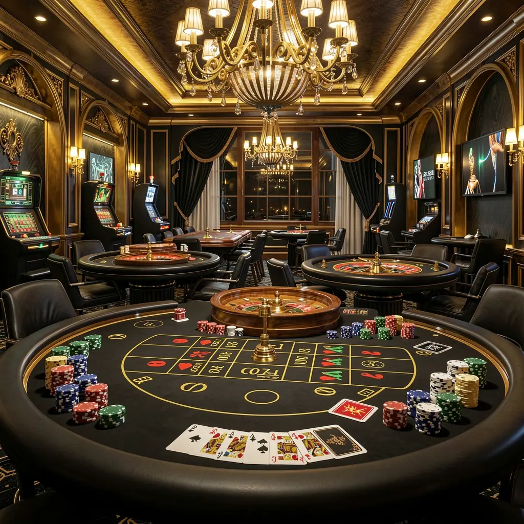 U3U3 luxury online casino lobby with glowing roulette tables, golden lights, poker chips and cards in a premium black and gold design